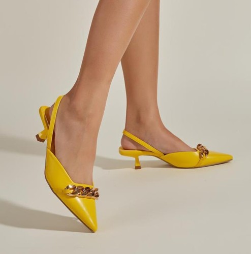 Women Chain Decor Low Party Heels Kitten Heel Sandals Slingback Pointed Toe  | eBay