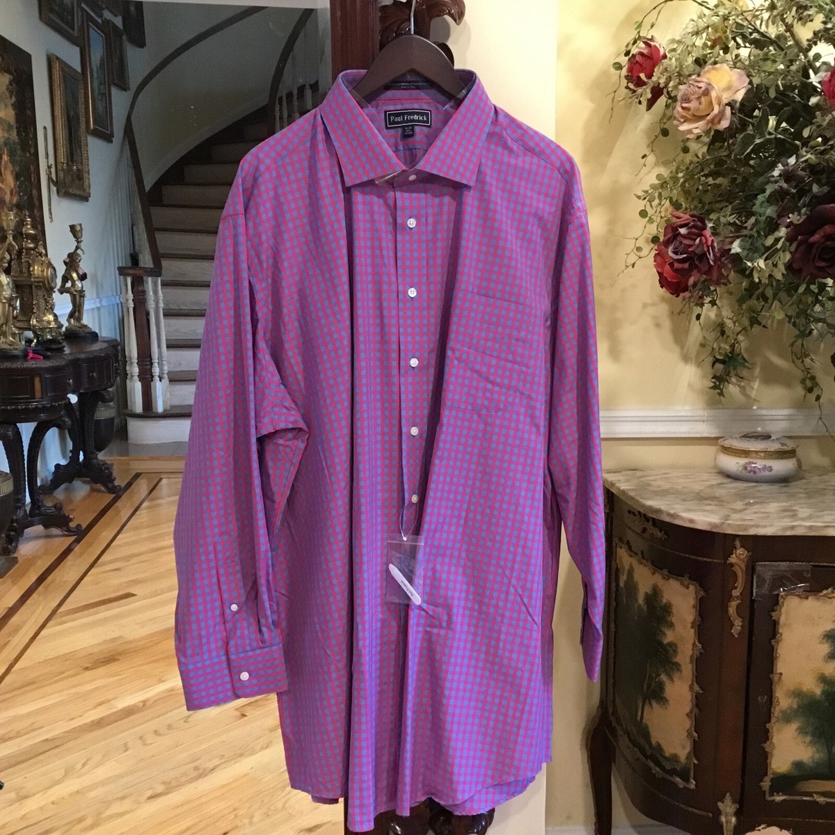 paul fredrick dress shirts Comfort Stretch Non-Iron Stripe Dress Shirt With Contrast Trim