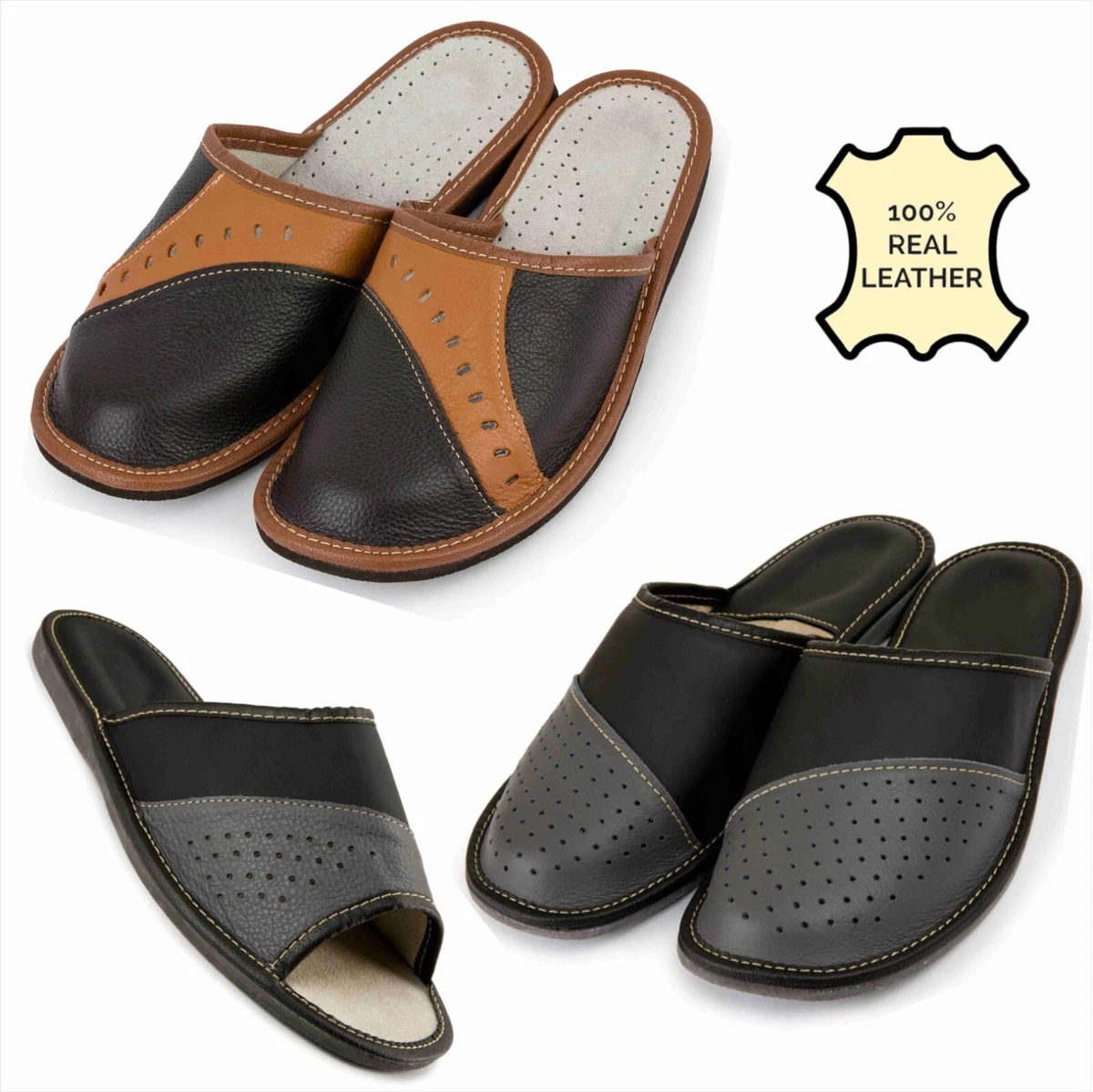 Genuine Leather Mens Slippers Comfy Slip on Mules Black Brown