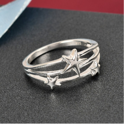 Unikat Silber Stern Ring im Drei-Sterne Motiv Design 925 Sterling Silber