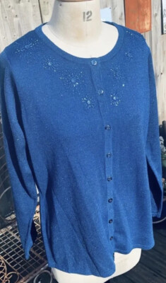 TRUE VINTAGE GRÖSSE MEDIUM 42'' BRUSTUMFANG BLAU CARDIGAN PERLEN ELEKTRISCH BLAU METALLISIERT