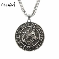MENDEL Mens Norse Viking Rune Fenrir Wolf Head Pendant Necklace For Men Women