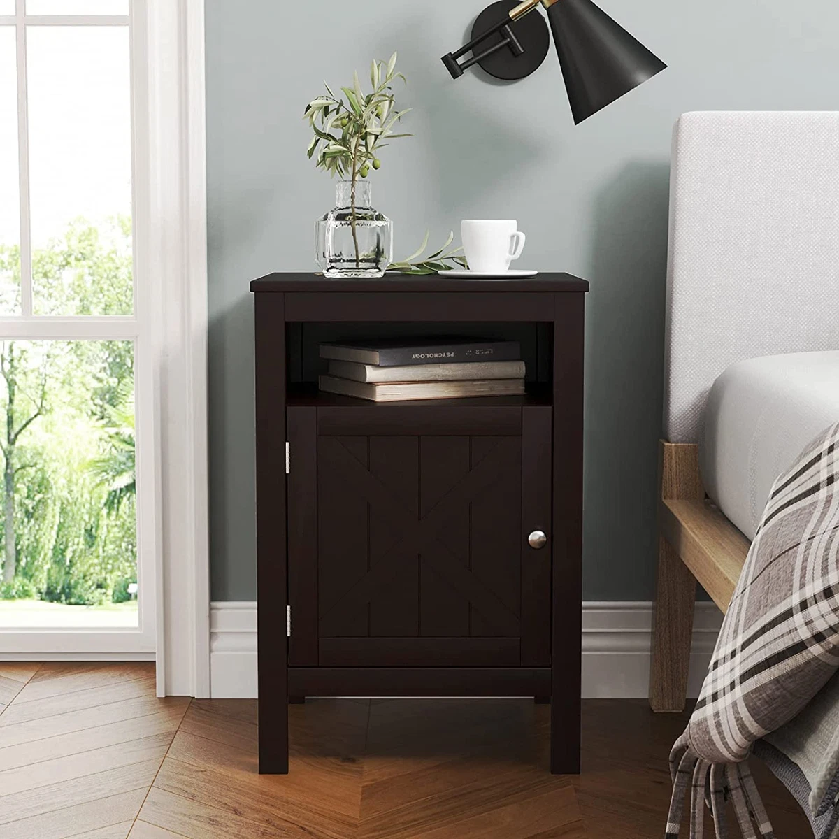 Espresso Finish Nightstand Side End Table with Barn Door Cabinet