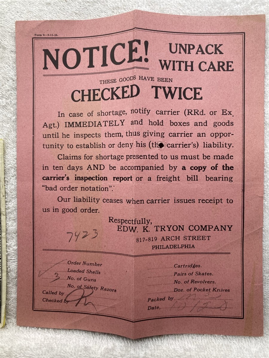 1927 Edward Tryon Company Philadelphia Freight Packing Slip 3 Guns Rifles Vtg | eBay 1927-edward-tryon-company-philadelphia-freight-packing-slip-3-guns-rifles-vtg-ebay