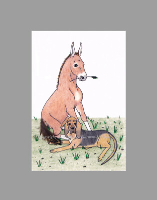 ACEO Limited Edition Print Whimsical Mule & Bloodhound Dog by Cheryl Andrade