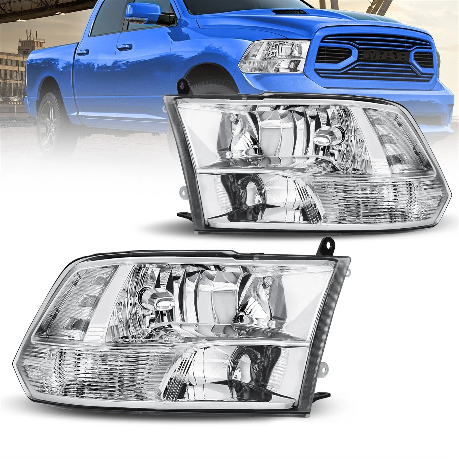 Fit For 09-18 Dodge Ram 1500 2500 3500 Clear Lens Chrome Headlights Left+Right