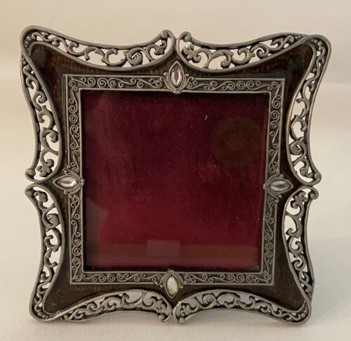 Photo Picture Frame Silver Metal Cranberry Enamel 4" Filigree Nouveau Victorian - Afbeelding 1 van 5