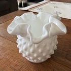 Vintage Fenton White Hobnail Milk  Glass Art Round Crimped Ruffled Vase 3”