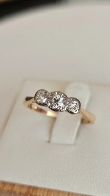 18 Karat Gelbgold Platin Diamant Trilogie Ring 0,30ct Größe M Vintage 1976