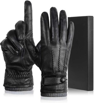 ''Winter Sheepskin Leather Gloves for Men, Warm Cashmere Lined Black Leather Glov