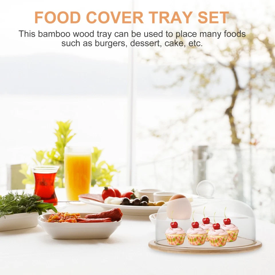 Food Container Rotating Lid Glass and Wood Cake Dome Covers Dessert Tray - Image 2 of 4