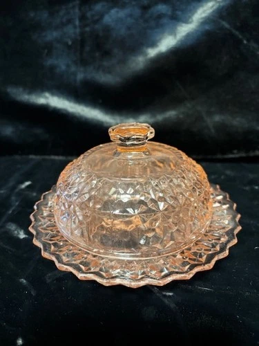 Vtg Jeanette Depression Glass Buttons & Bows, Holiday Pink Lidded Butter Dish 6"