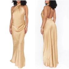 show me your mumu jasmine maxi halter dress true gold luxe satin, women small