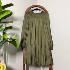 LOFT LARGE Olive Green Smocked Yoke Long Sleeve Swing Dress