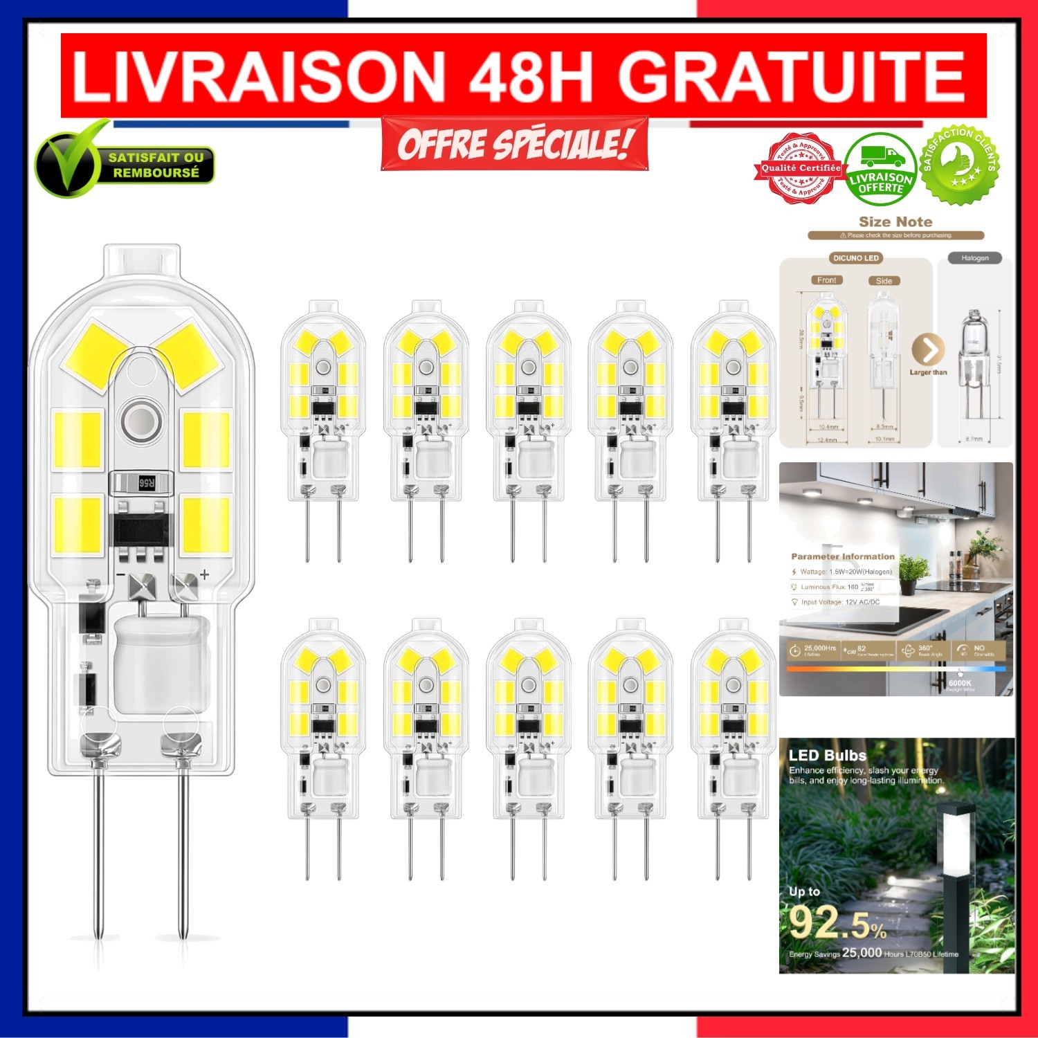 Ampoules G4 LED 12V blanc froid 6000K DiCUNO spot encastrable 1.5W equivalent 20W