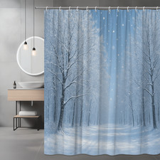 Winter Wonderland Shower Curtain, Snowy Trees, Blue and White, Waterproof