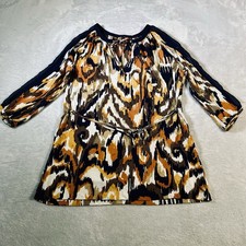 Tory Burch Silk Top Sz M Ikat Tunic Blouse SemiSheer Belted Global Luxury Resort