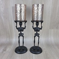 Halloween Skeleton Candle Holder 16" Gothic SET OF 2 Table Decor Black Skulls