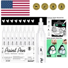 White Acrylic Paint Markers, 8 Pack Acrylic White Paint Pen Sets for Rock Pai...