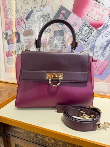 Authentic Salvatore Ferragamo Two‑Tone Purple Calf Leather Top Handle Bag w/ Det