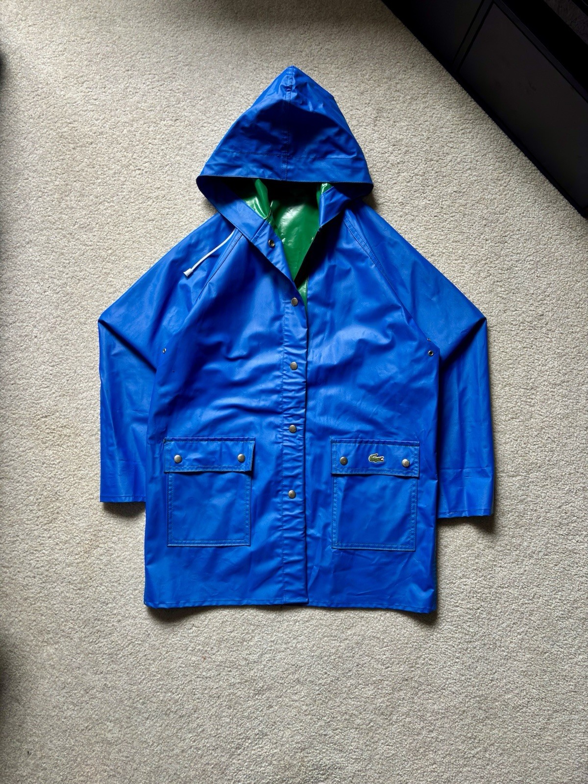 Vintage Lacoste PVC Raincoat Size L (Fits S/M) Blue with Green Lining Full Zip
