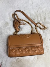 Tory Burch Tan Quilted Shoulder Bag Chain Strap Gold Hardware Tassel Designer