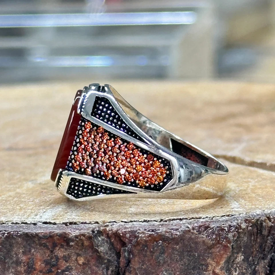 Anillo de ágata roja de plata de ley 925k hecho a mano, anillo de cornalina Aqeeq de plata para hombre Foto 3 de 4