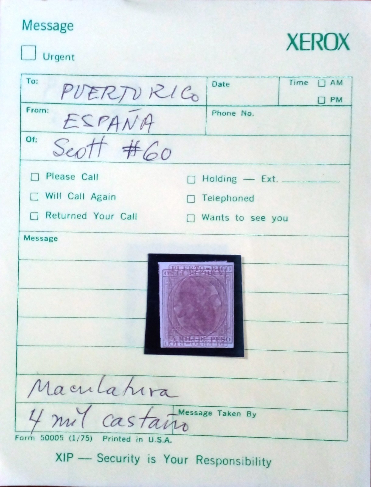 PUERTO RICO SCOTT #60 IMPERFORATED  STAMP MACULATURA PRINTERS WASTE OFFER IS FOR