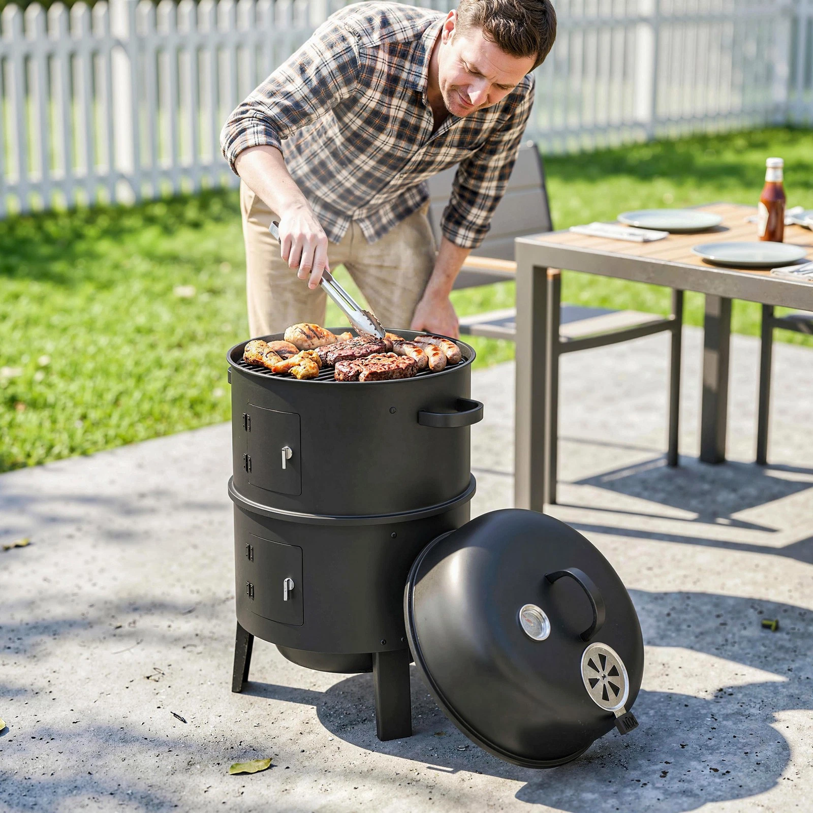 3-in-1 Vertical Charcoal Smoker with 2 Grill Grates, Thermometer, 2 Doors