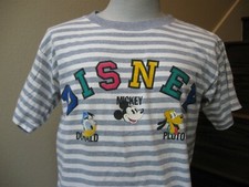 Vintage 90's Disney Mickey Donald Pluto Rainbow Print Grey Striped T Shirt L
