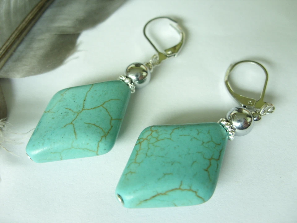25 mm Türkis Howlith Raute Ohrringe Ohrhänger m.Silber Kugel Brisuren rhodiniert - Bild 2 von 2