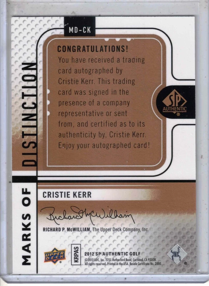 2012 UD SP Authentic LPGA golf Cristie Kerr Marks of Distinction auto /35 card - Image 2 of 2