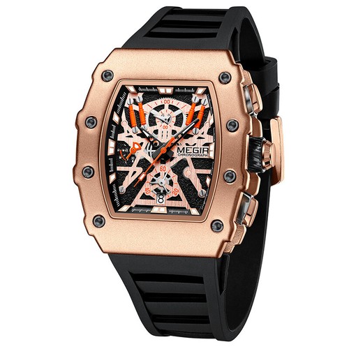 Megir Men's Wine Bucket Shape Watch Chronograph Silicone Strap Quartz ...