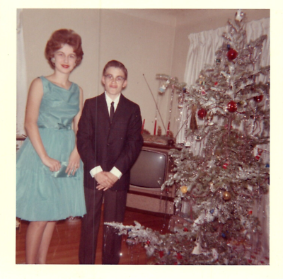 1960s Christmas Girl Wearing Blue Dress Short Boy Cool TV Vintage Photo