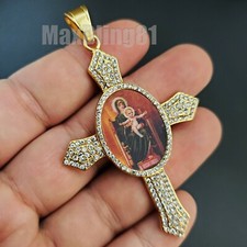 STAINLESS STEEL GOLD TONE MOTHER MARY  BABY JESUS PICTURE CROSS PENDANT S-10