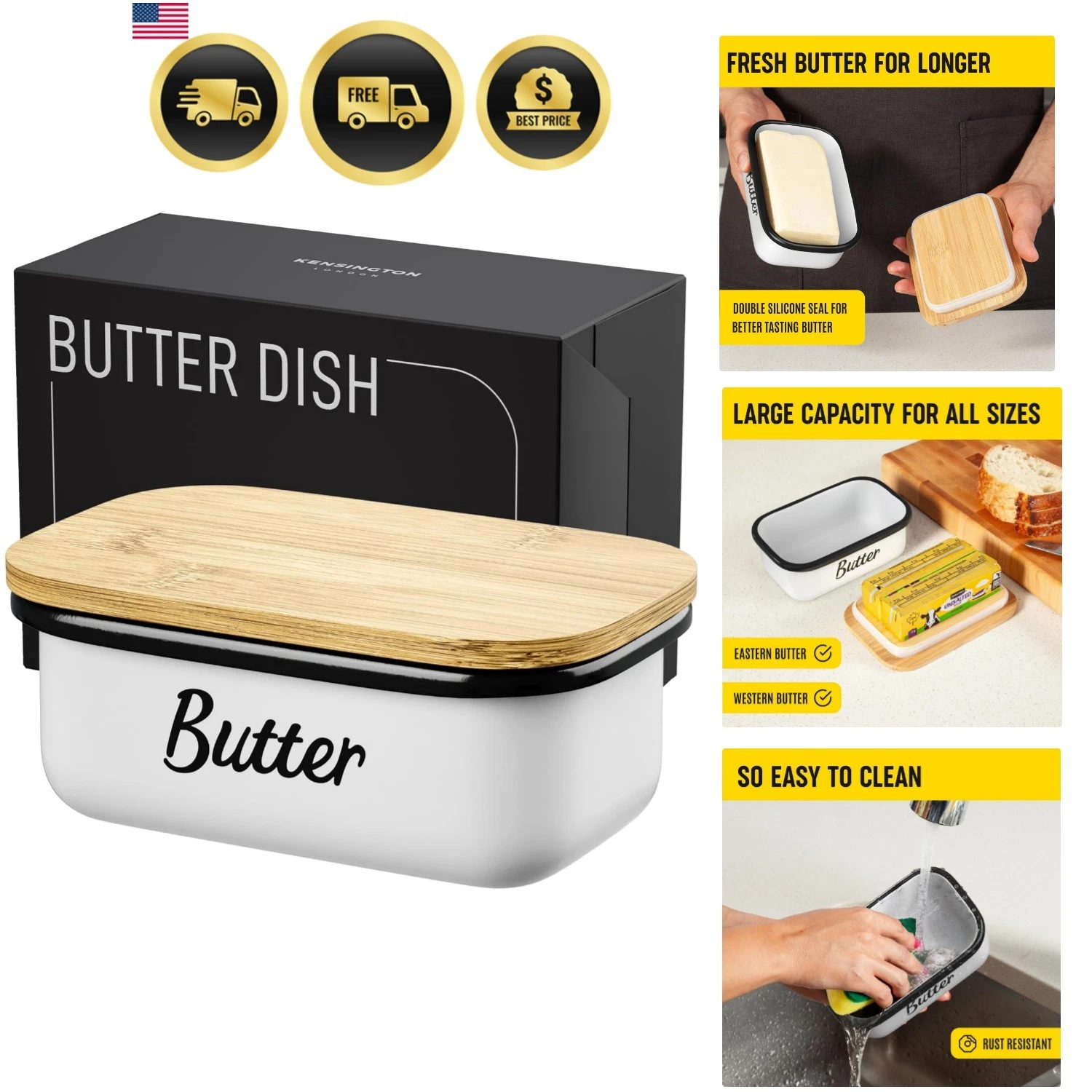 White Butter Dish with Lid for Countertop & Refrigerator - Unbreakable Metal ...