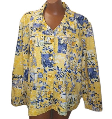 Drapers Damons Twill Jacket Sz 3X Yellow Blue Spring Floral Button Cottage New 