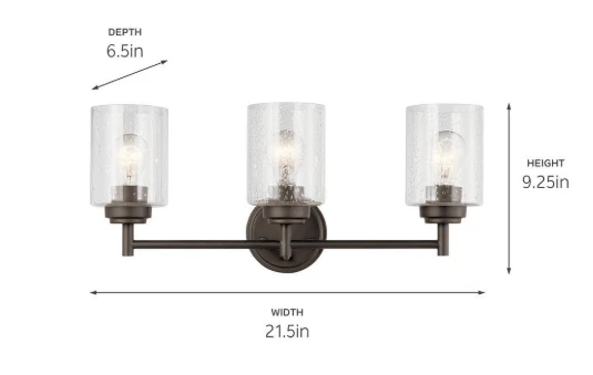 KICHLER Winslow 3-Light Olde Bronze Bathroom Vanity Light w/ Clear Seeded Glass - Image 4 of 4