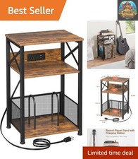 Record Player Stand with Charging Station, Turntable Stand with Storage Cabin...