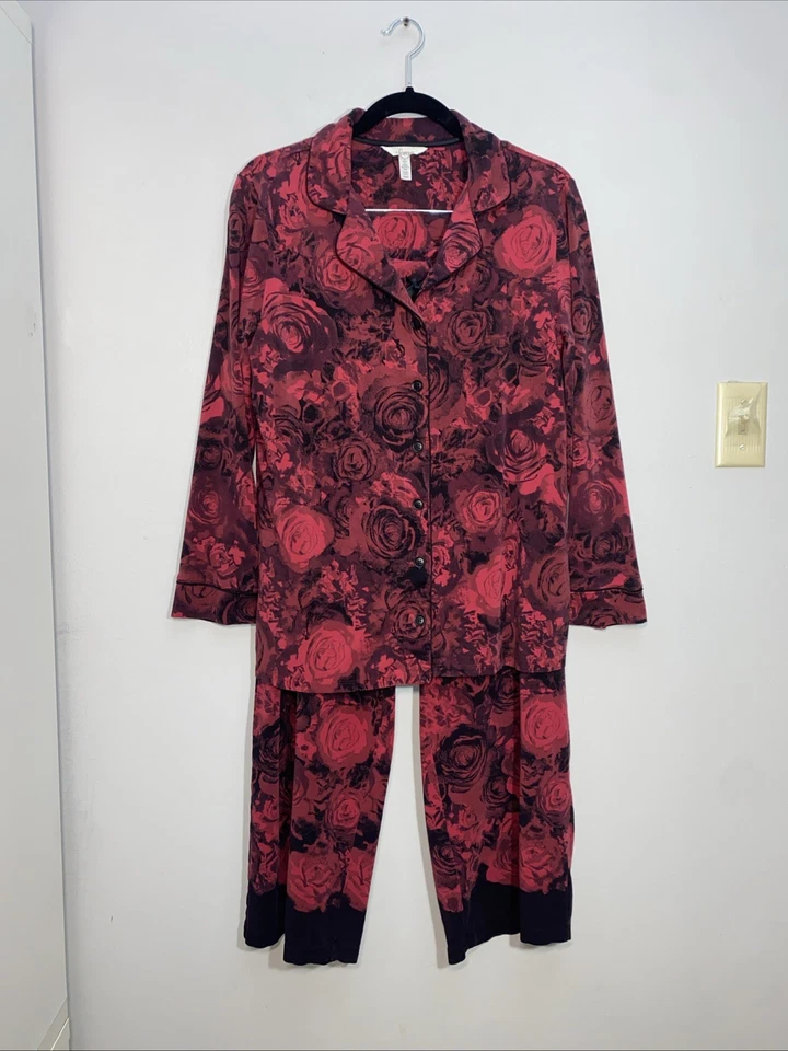 Soma пижама комплект Sz большой красный черный розы длинным рукавом карманы уютный хлопок гостиной - Изображение 3 из 4