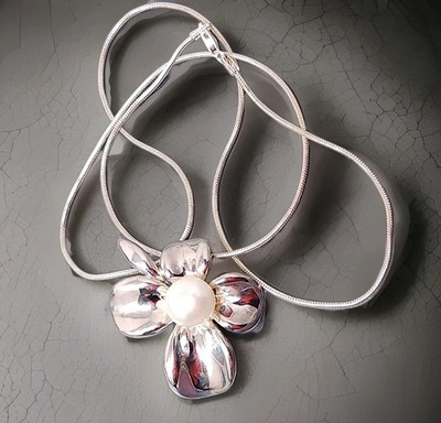 Vintage ANN KING weißes SÜSSWASSER Sterlingsilber Kleeblatt Anhänger Kette Halskette