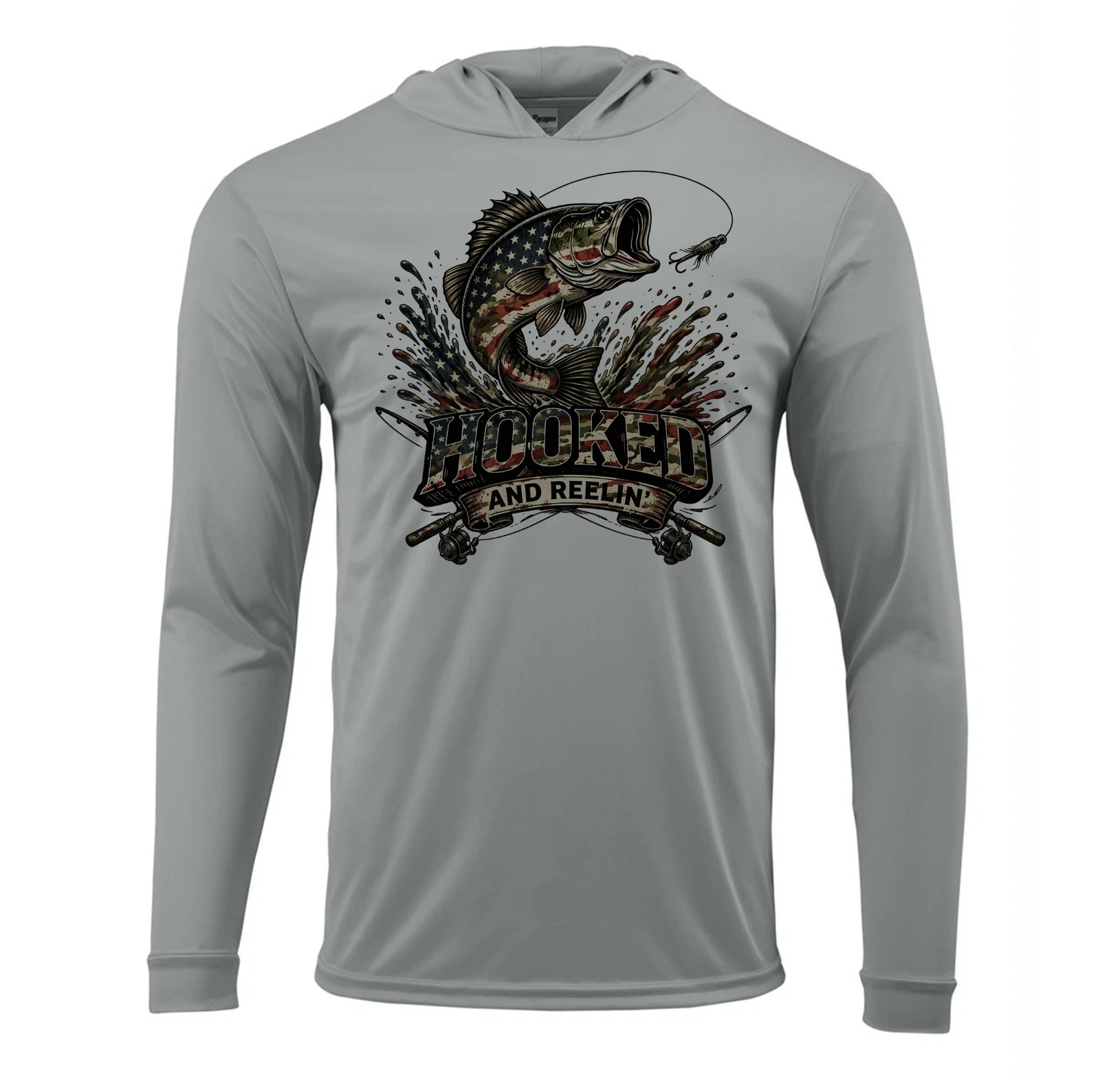 Camo American Flag Bass Fishing Sun T-Shirt UV Protected UPF 50 Long Sleeve Hood