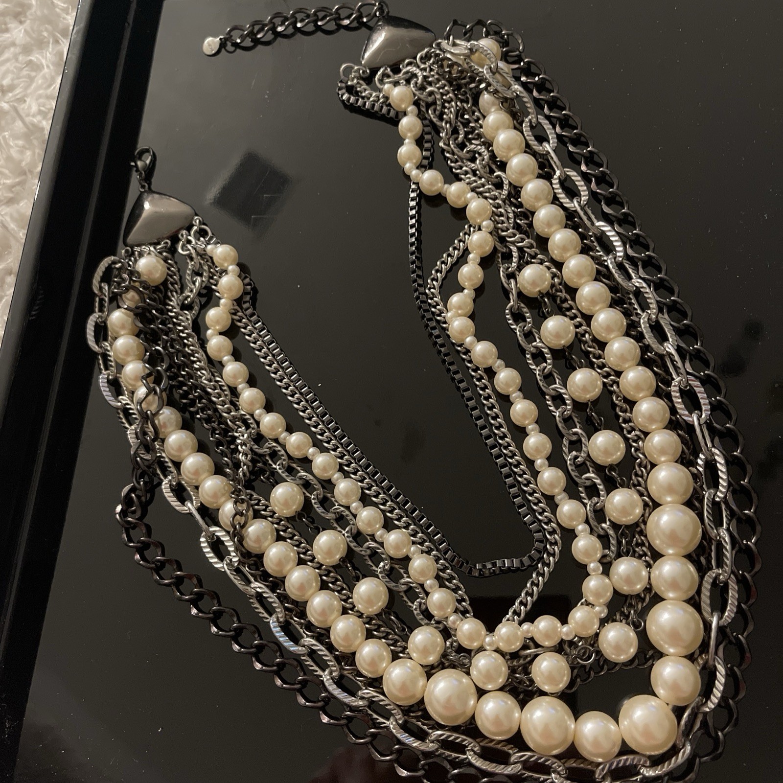 Layered Statement Multi-Strand Necklace Silver Wh… - image 6
