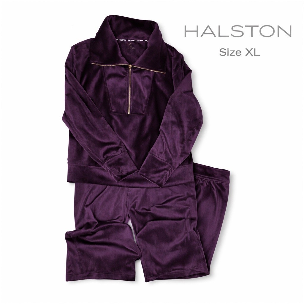 Halston Velour Lounge Set XL Purple 2pc Tracksuit Gold Zip Soft