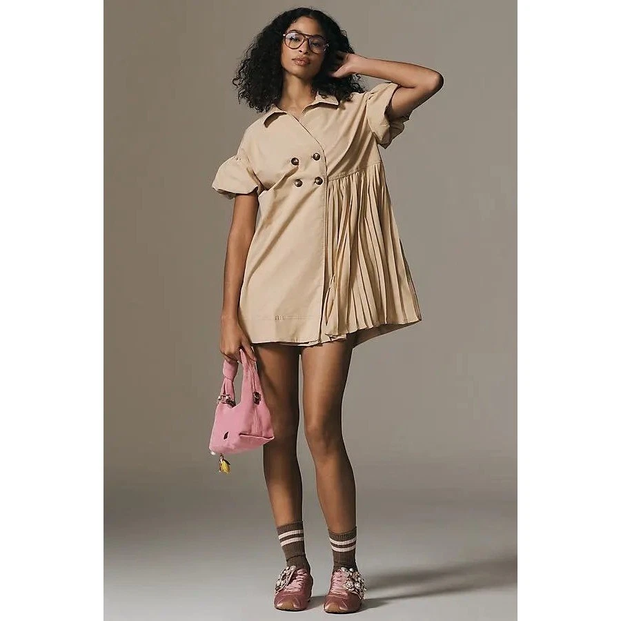 Maeve Anthropologie Beige Pleated Shirt Dress Size S |Tan Utility Dress Neutral - Image 3 of 4