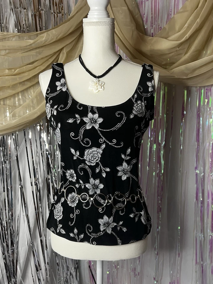 Xscape Black Glitter Floral Print Tank Top Dark Romance Fairy Whimsigoth 90s Y2K - image 2 of 4