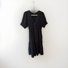 Madewell Lightspun Tiered Button Front Midi Dress Black Pockets Size 10 Cotton