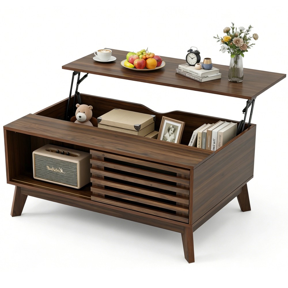 Lift Top Coffee Table with Storage Mid Century Slatted Sliding