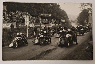 Foto Motorradrennen mit Seitenwagen c1955 Motorcycle Start Coca-Cola Werbung