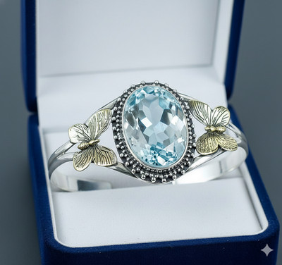925 Sterling Silver Aquamarine Gemstone Handmade Jewelry Cuff Bracelet-ADJ